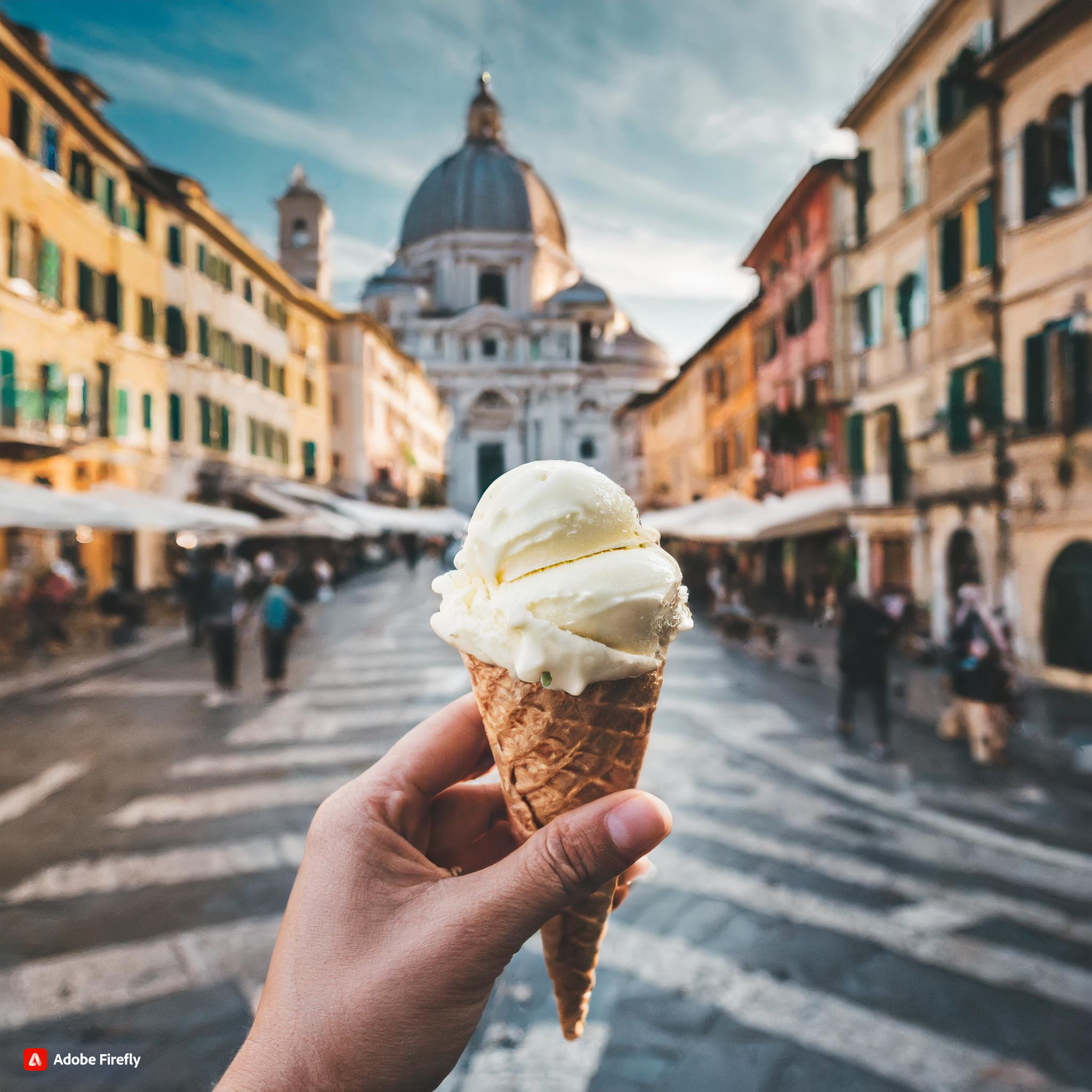 Firefly hand holding vanilla gelato ice cream with an Italy plaza and busy street as the background,.jpg